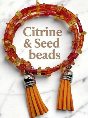 Citrine Chip & Orange Seed Bead Wrap Bracelet with Suede Tassels